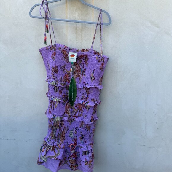 NWT Farm Rio Mini Dress Floral Monkey Lilac Smocked Ruffles Thin Shoulder Strap - Picture 5 of 6